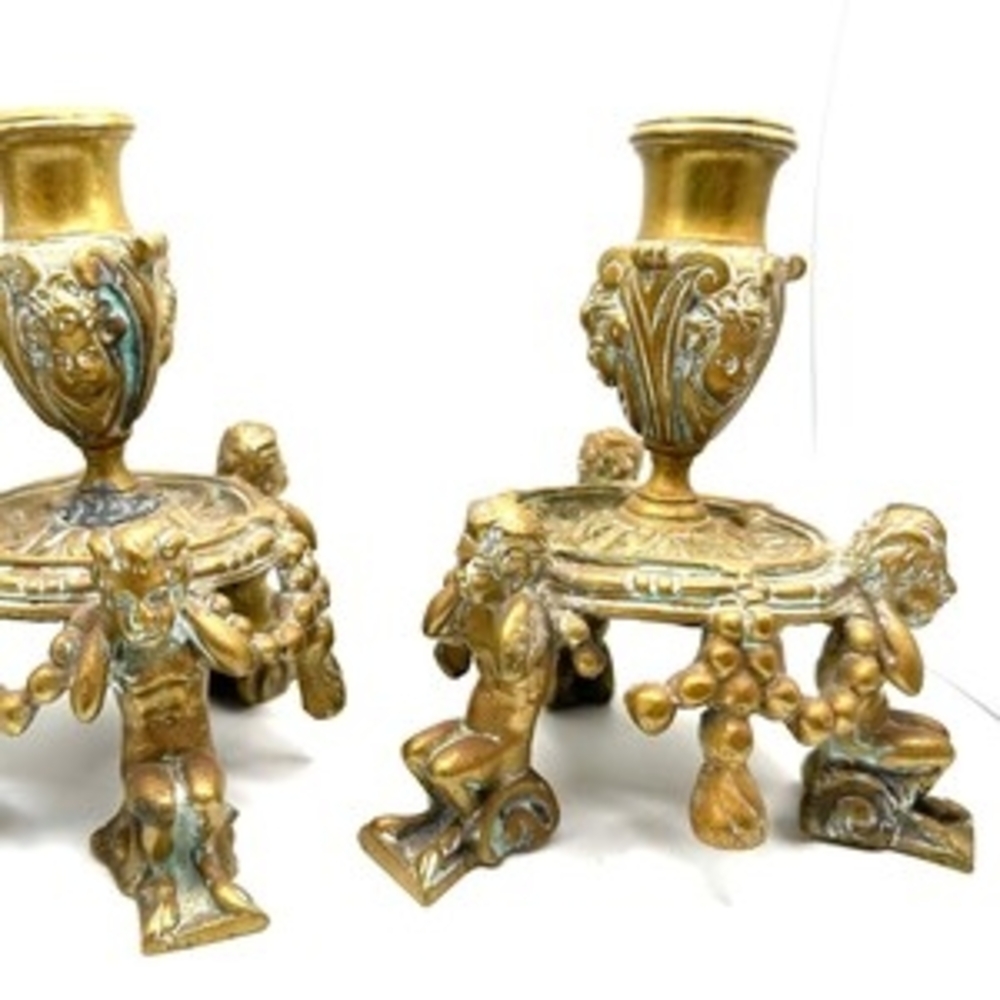 Antique Pair of Heavy Brass Satyr Candlestick Holders